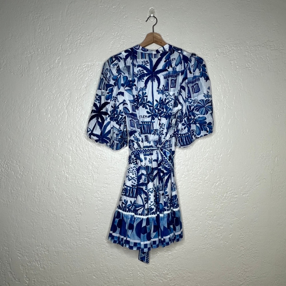 Farm Rio Sweet Rio Mini Dress Blue White Tropical Puff Sleeve Beaded Belt Medium - Picture 4 of 10